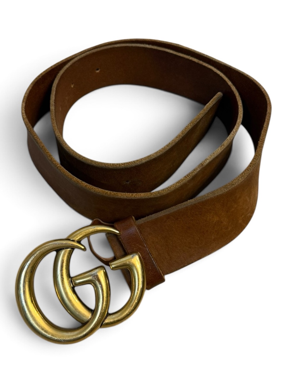 Gucci Double G Brown Leather Belt Antique Gold Buckle Size 85/34